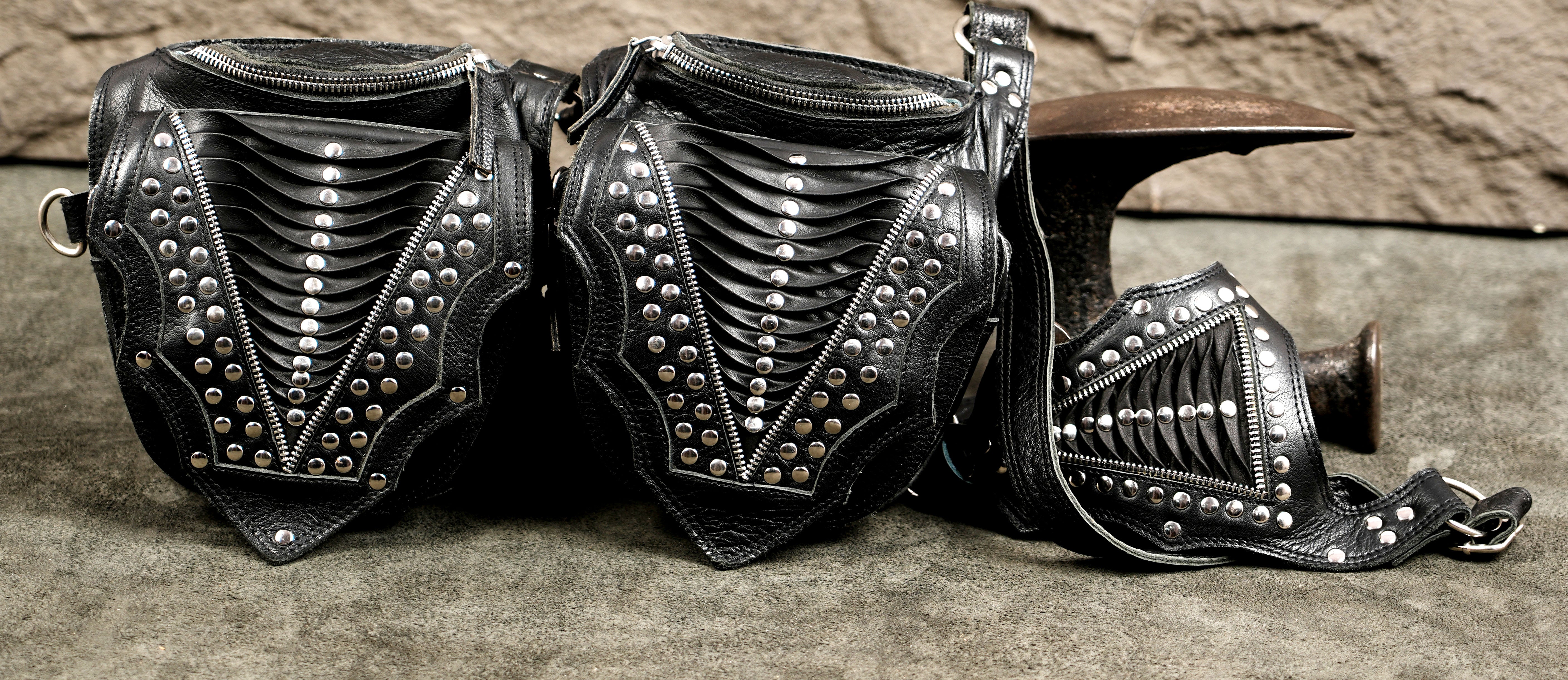 Gothic leather chest rig with silver stud pattern