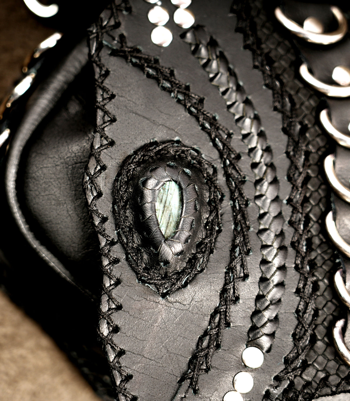 Gothic leather harness bag with stone accent