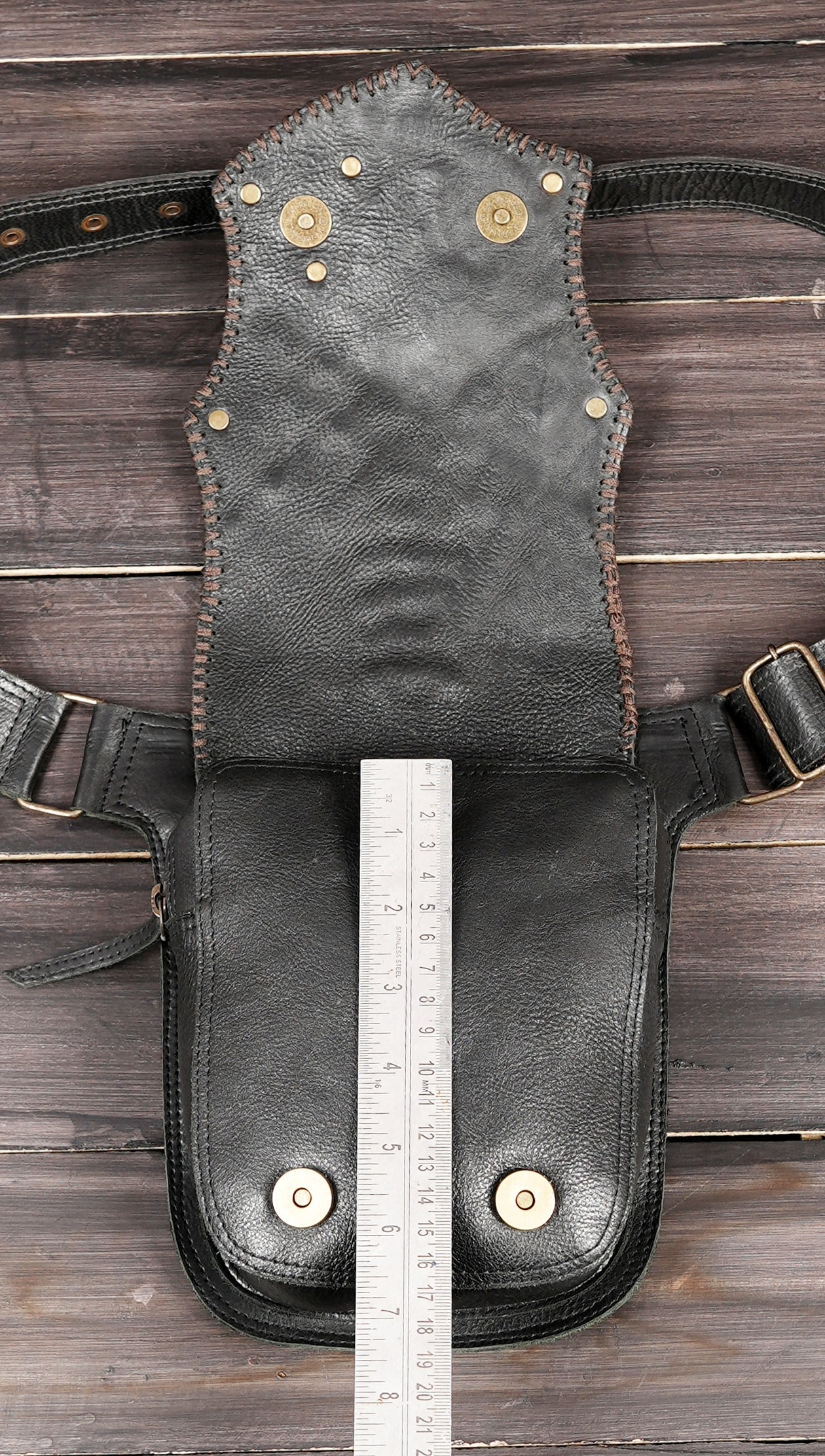 Gothic leather pouch with labradorite stone and brass studs