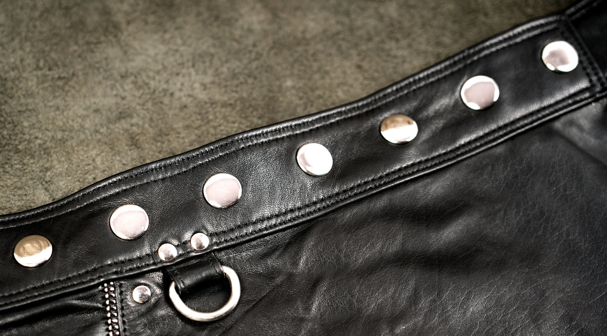 Gothic leather skirt with ring straps and silver hardware
