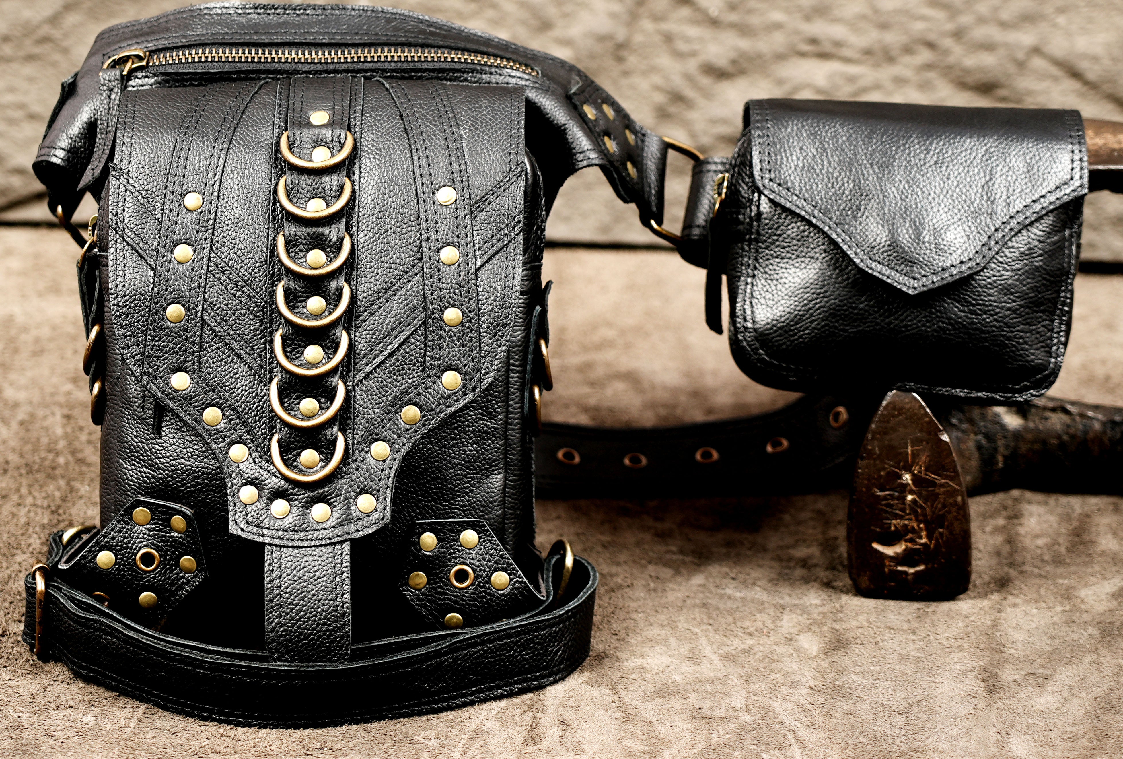 Gothic leather thigh belt pouch with antique brass details