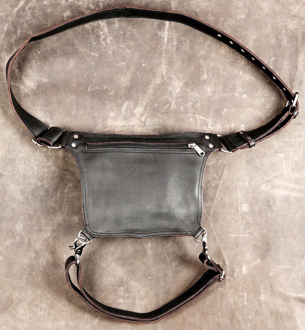 Gothic leather waist and leg bag with silver-tone fittings