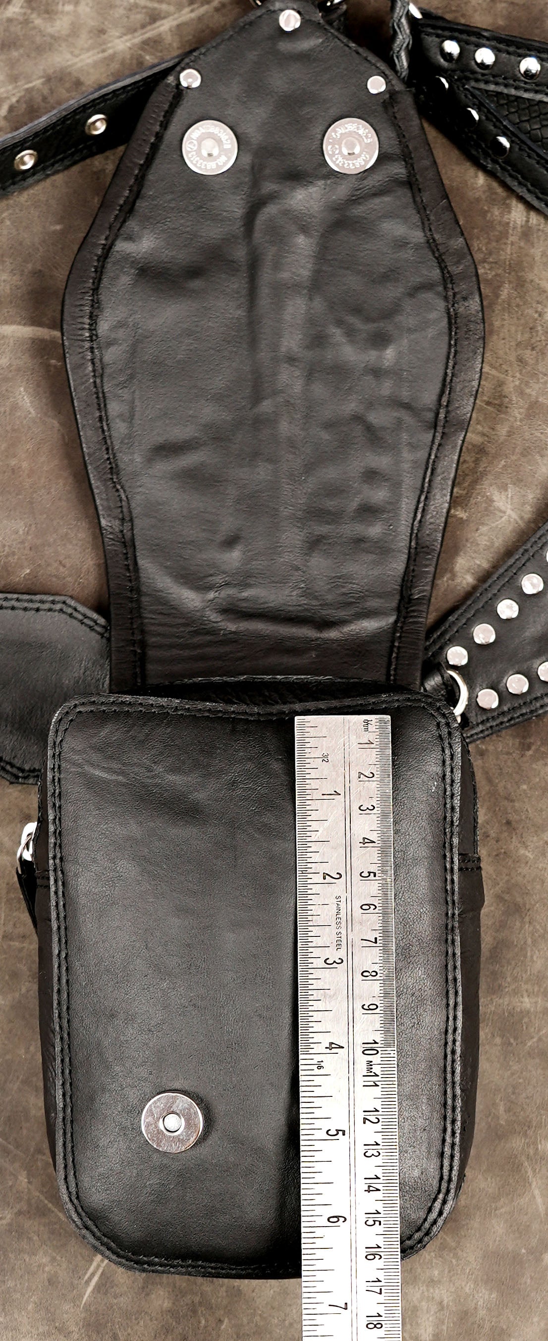 Gothic leather waist bag decorated with nickel silver studs