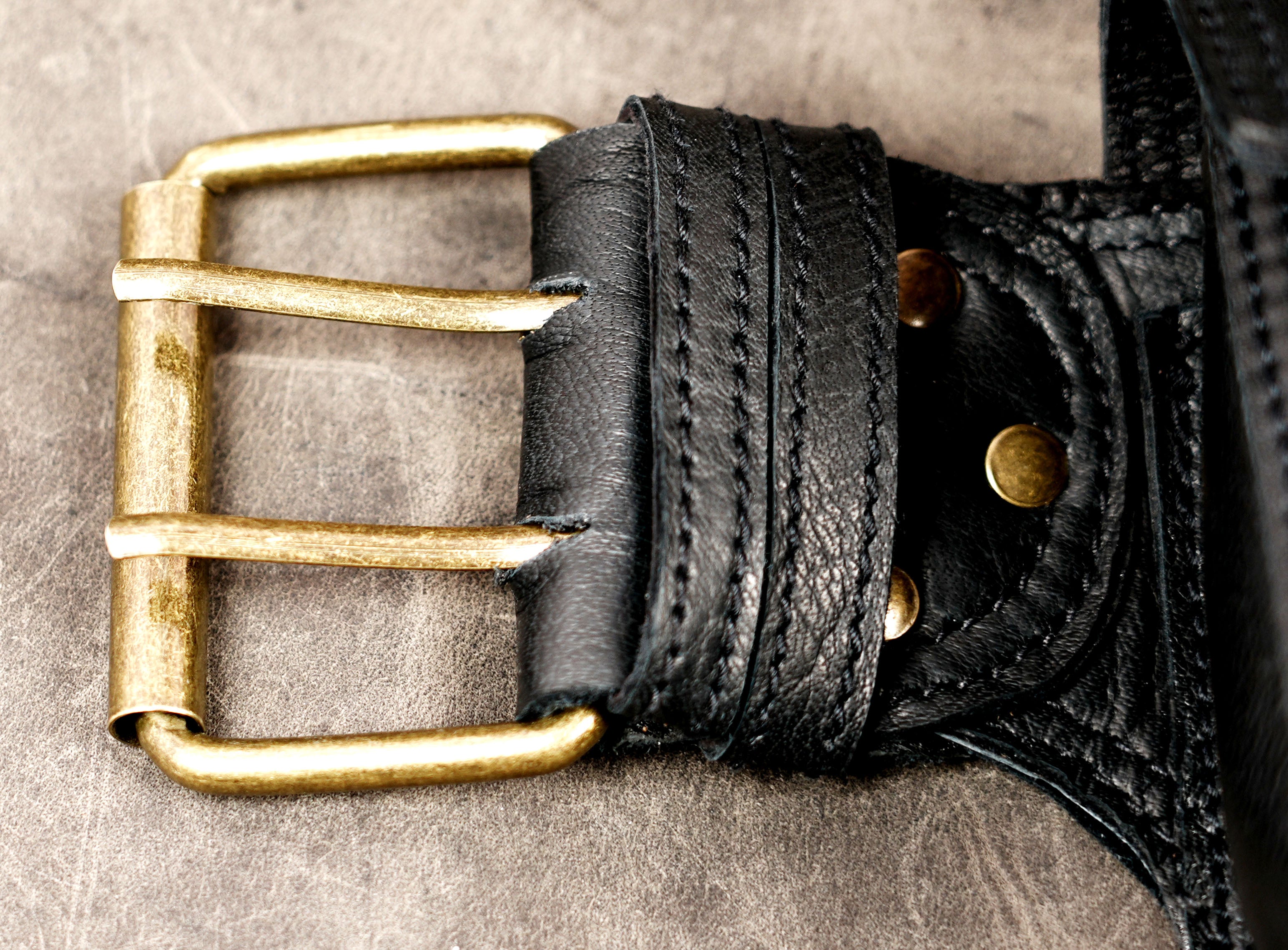 Gothic leather waist bag with antique brass fittings