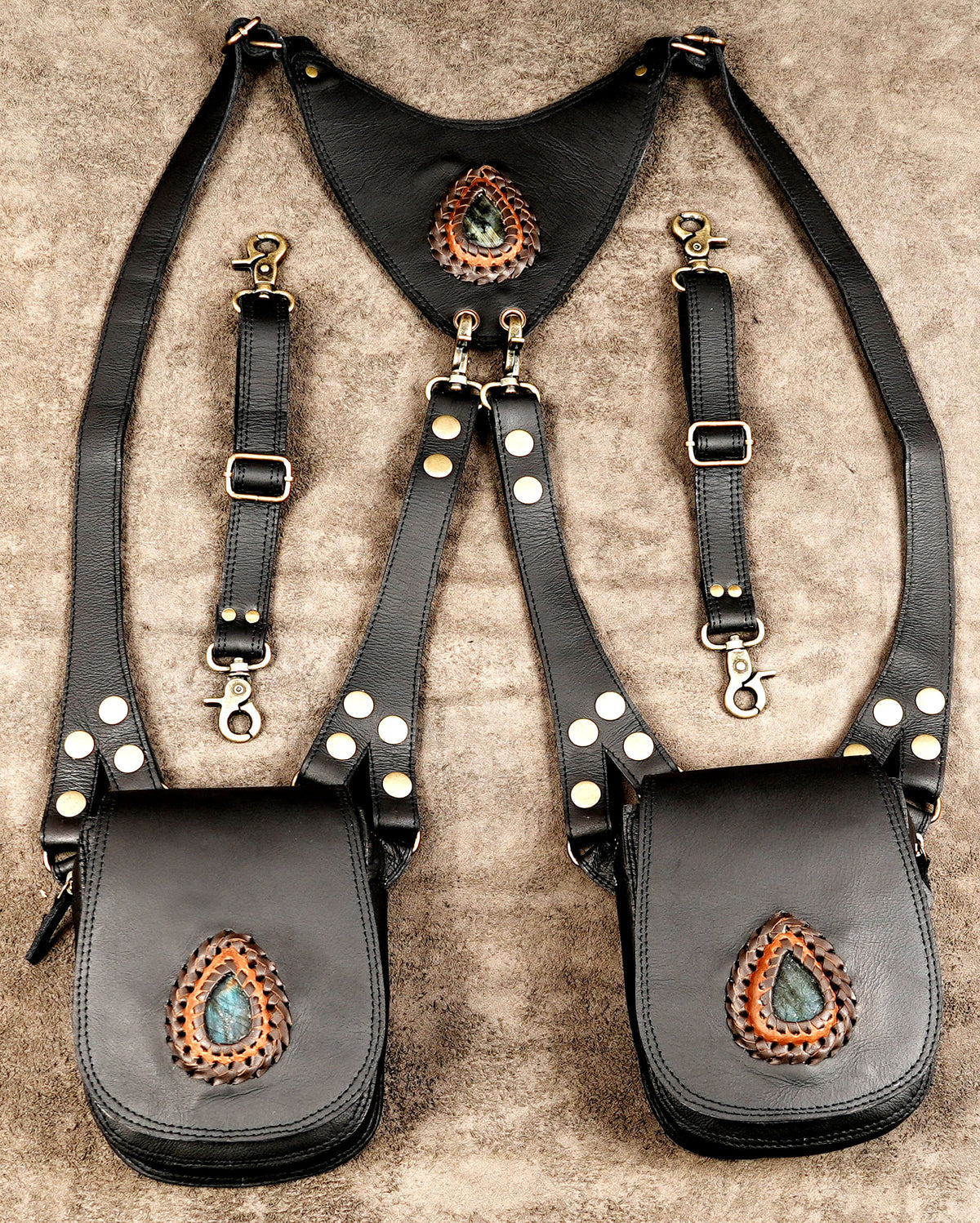 Gothic festival accessory with dual leather pouches and brass-tone studs
