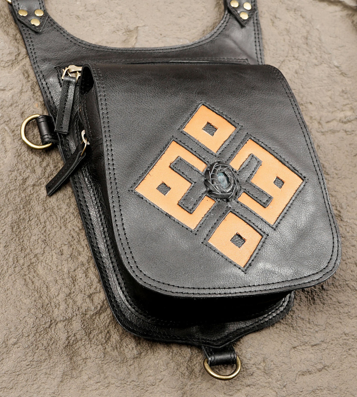 Black leather double pocket chest harness bag for festivals
