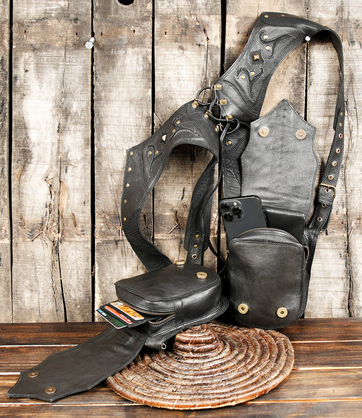 Unisex Black Leather Double Hip Pouch Harness with Studs