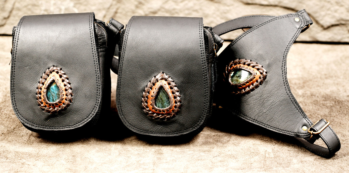 Steampunk leather shoulder harness with twin pouches and brass-tone hardware