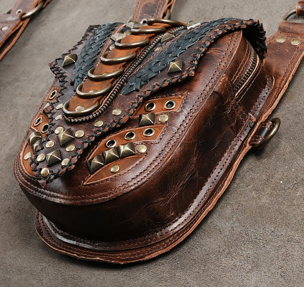 Alternative fashion shoulder holster bag set with dark brown leather and brass-tone hardware