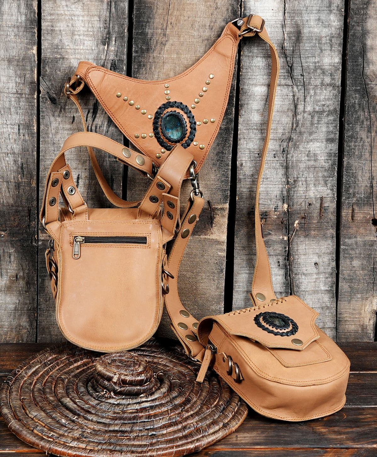 Tan Leather Double Hip Bag Harness with Natural Labradorite Stones