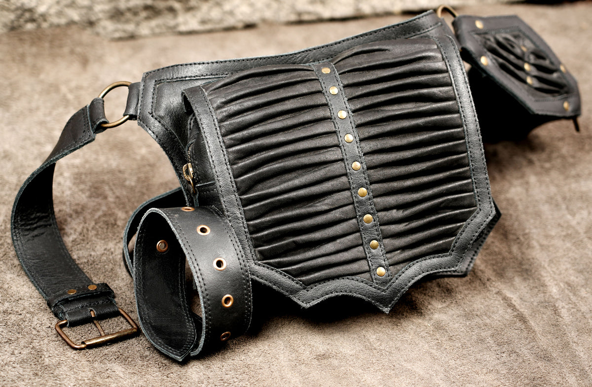Festival fanny pack with gathered leather texture and antique brass rivets