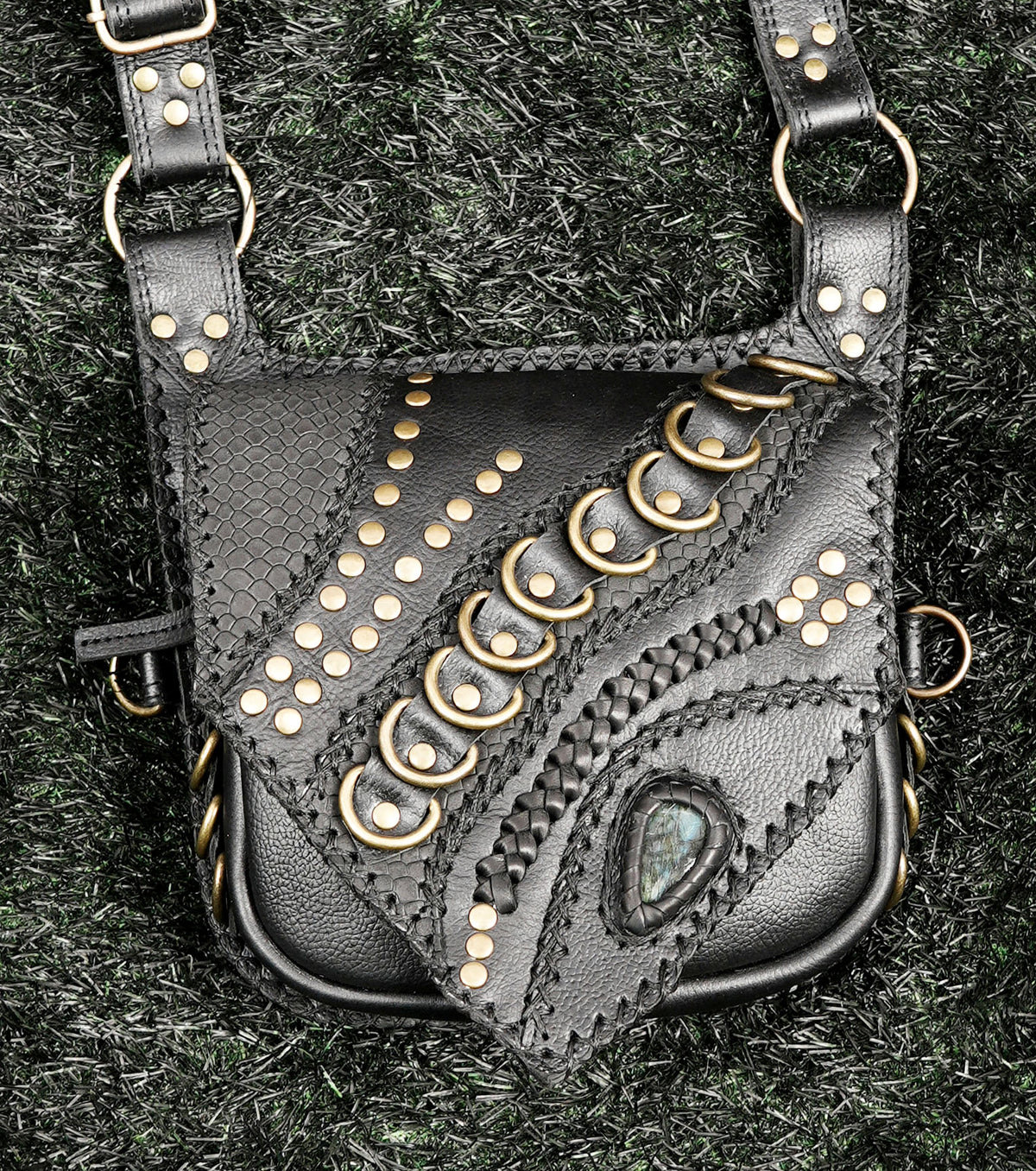 Black Leather Shoulder Holster Bag with Studded Dual Pouches
