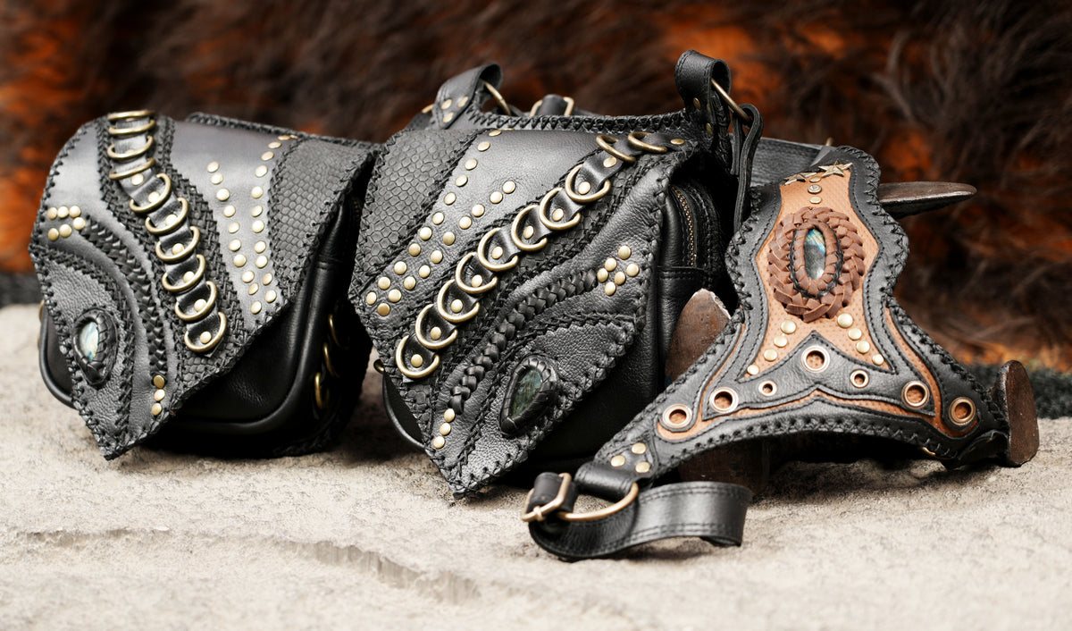 Black Leather Shoulder Holster Bag with Studded Dual Pouches
