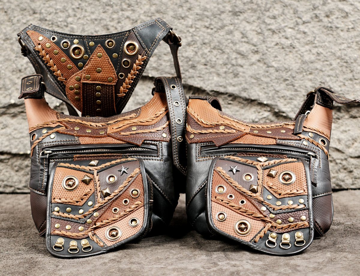 Desert festival leather pocket belt harness with star and dome studs