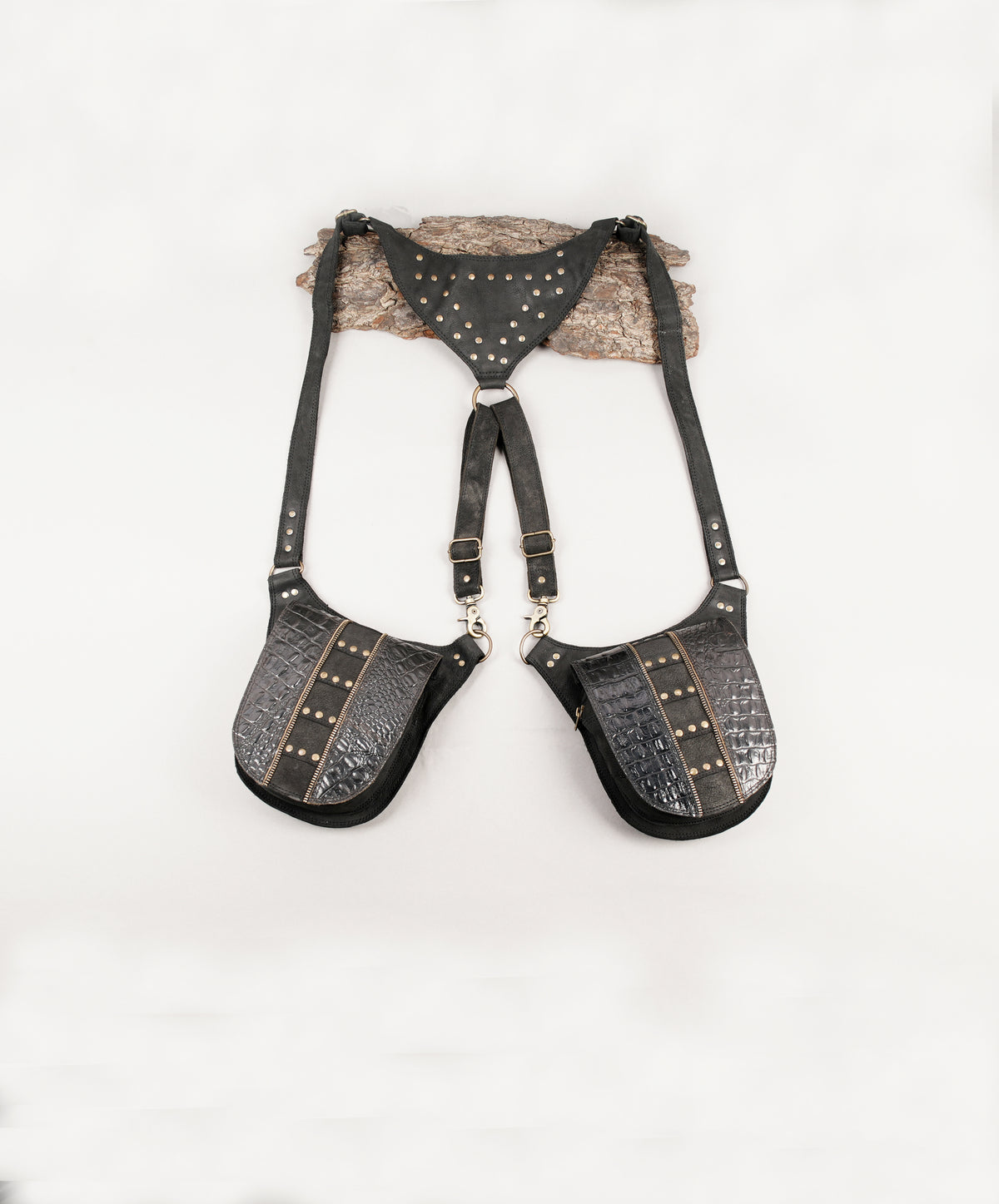 Black studded leather utility chest rig with pockets   