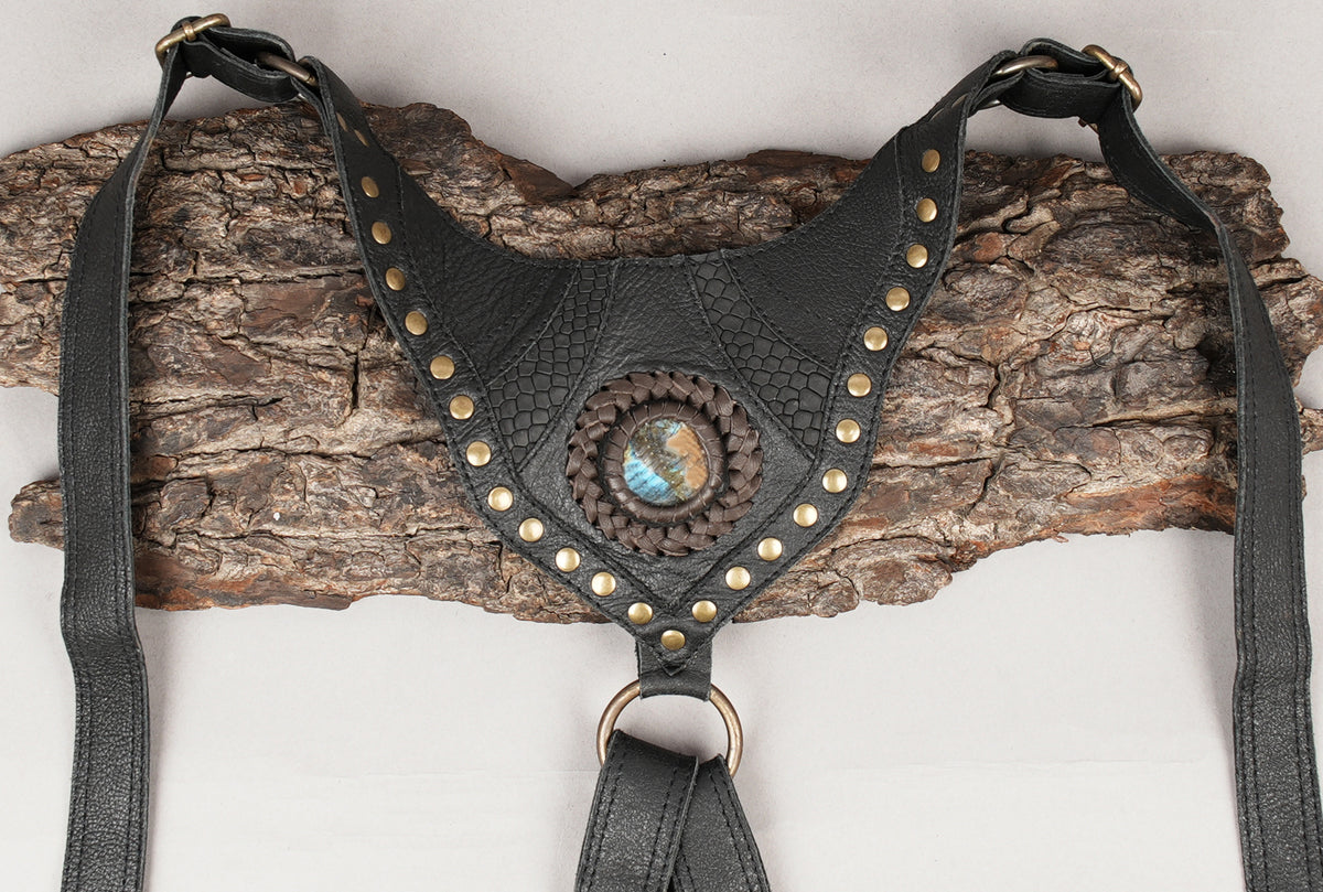Gothic festival outfit accessory with two black pouches and brass studs