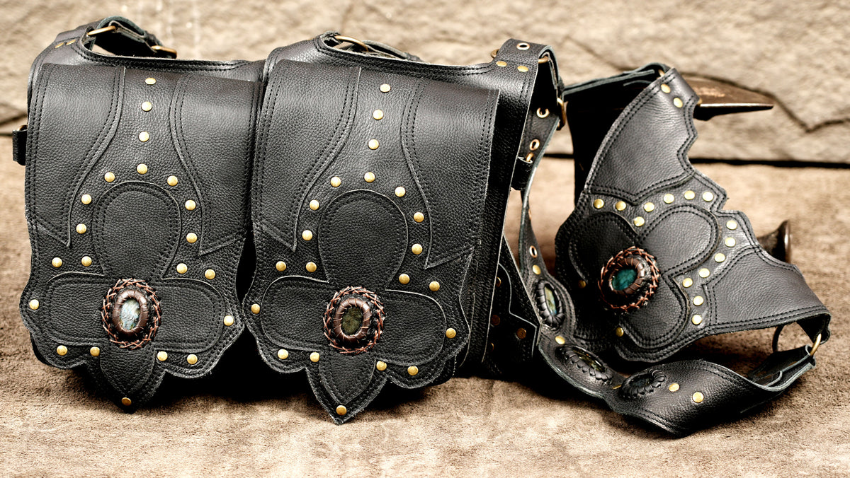 Unisex leather shoulder harness bag with decorative stones and studded pockets