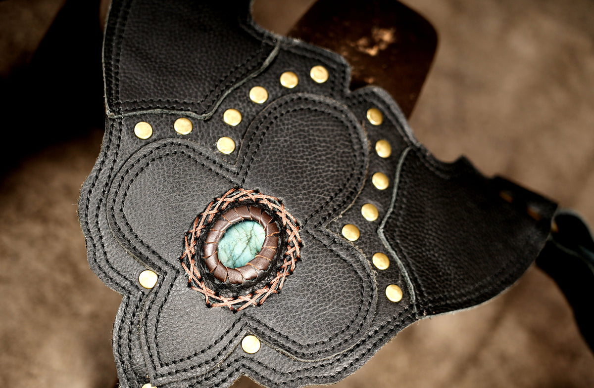 Unisex black leather holster bag with two front pouches and adjustable straps
