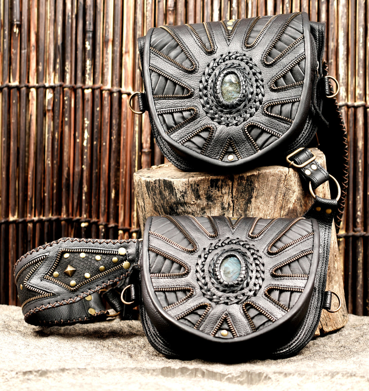 Unisex black leather harness pouch set for cosplay and themed events