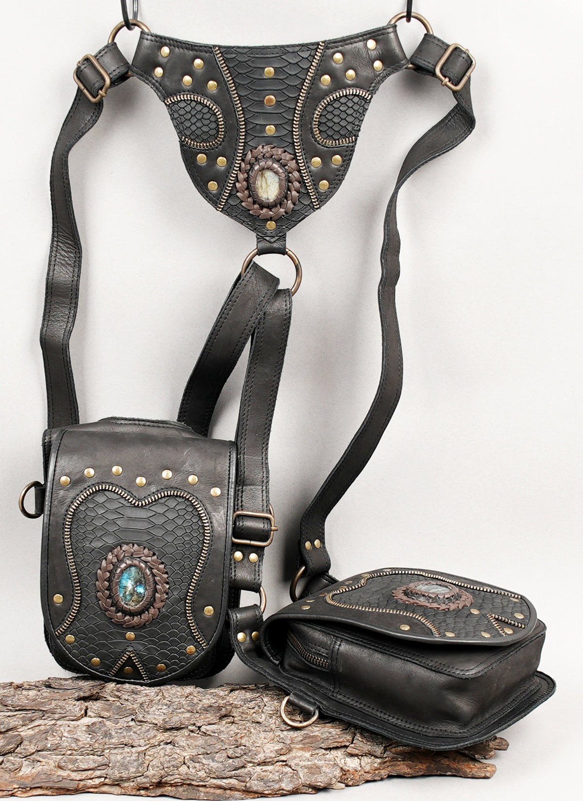 Festival leather utility belt with two pouches turquoise accents and brass-tone clips