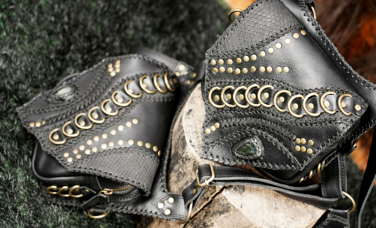 Black Leather Shoulder Holster Bag with Studded Dual Pouches