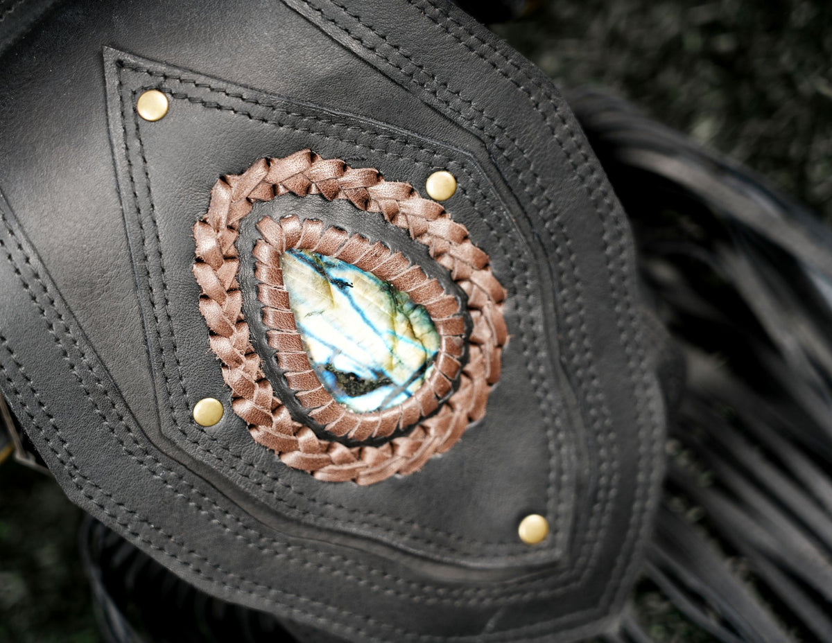 Black Leather Holster Vest Fringe Harness Bag Dual Utility Pouches Festival Body Suspender Natural Labradorite Stones