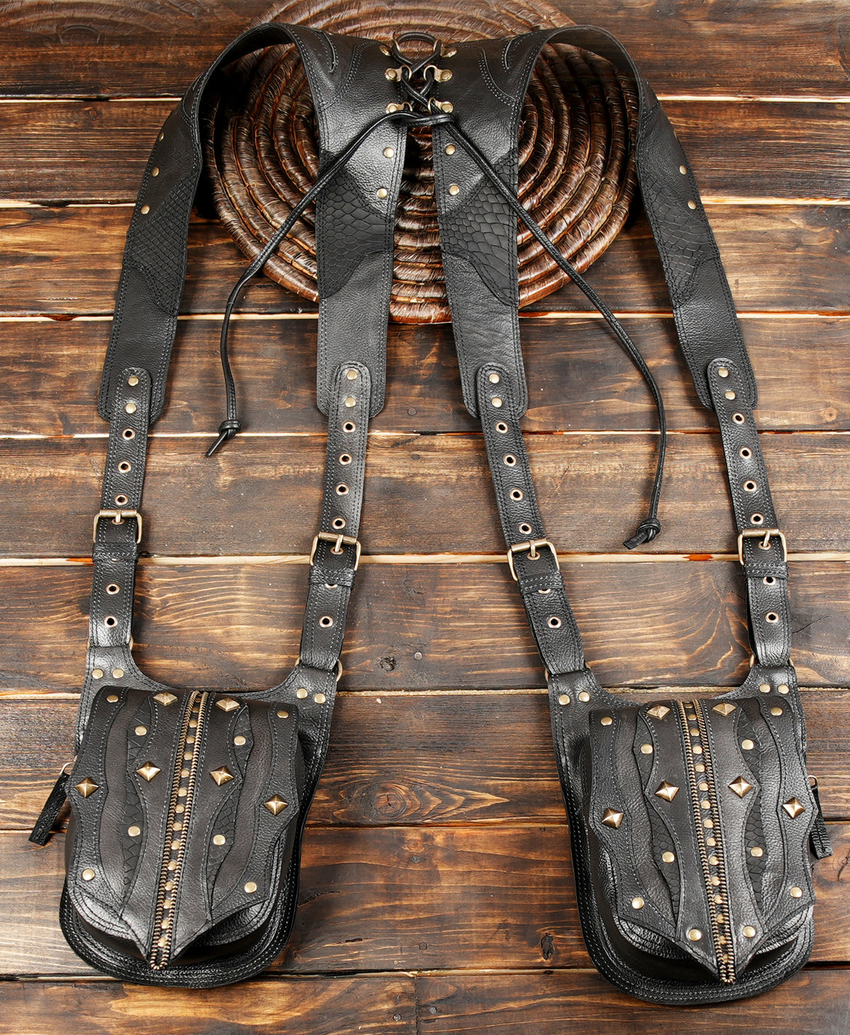 Unisex Black Leather Double Hip Pouch Harness with Studs