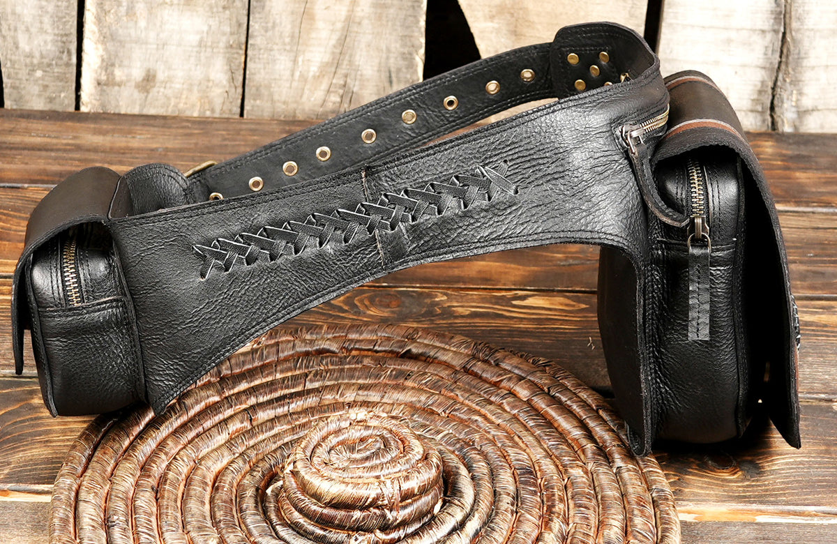 Steampunk inspired two-tone leather belt bag featuring brass buckle and gemstone accent