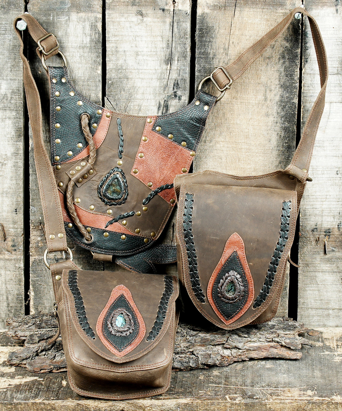 Brown leather Burning Man outfit accessory with gemstone pocket decorations
 