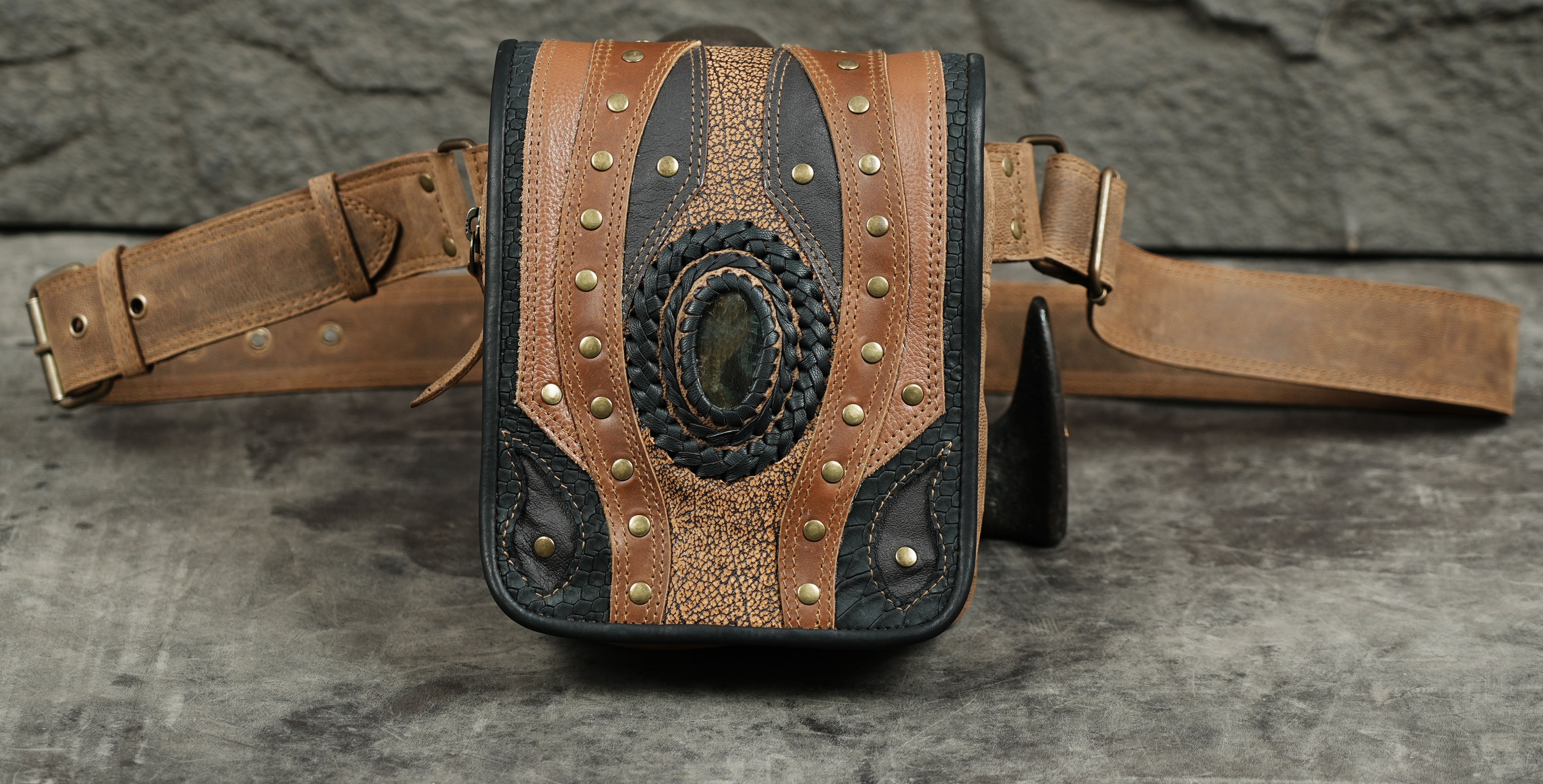 Handcrafted leather bag with tan and black texture mix