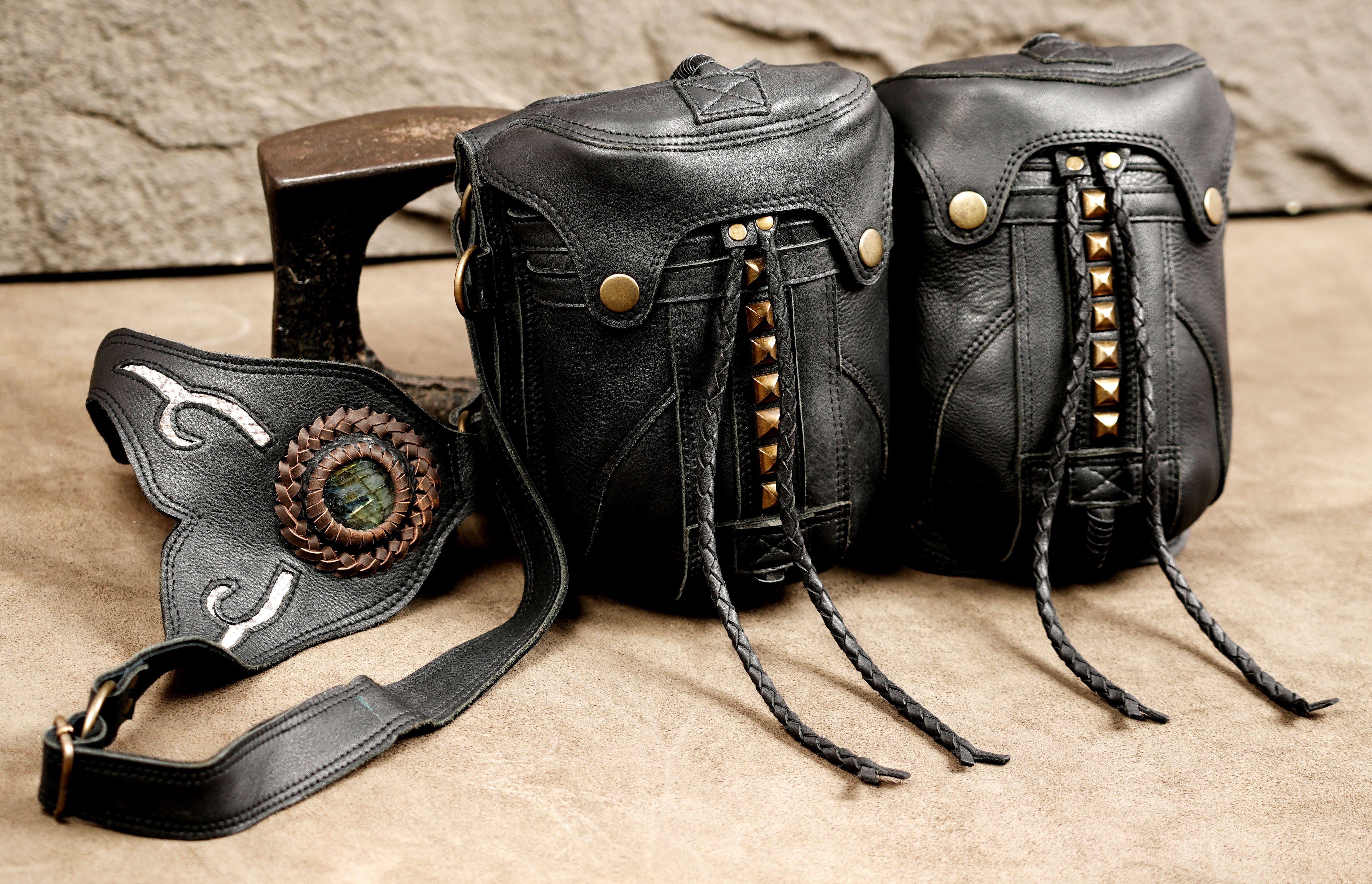 Handcrafted leather chest rig holster with gemstone centerpiece