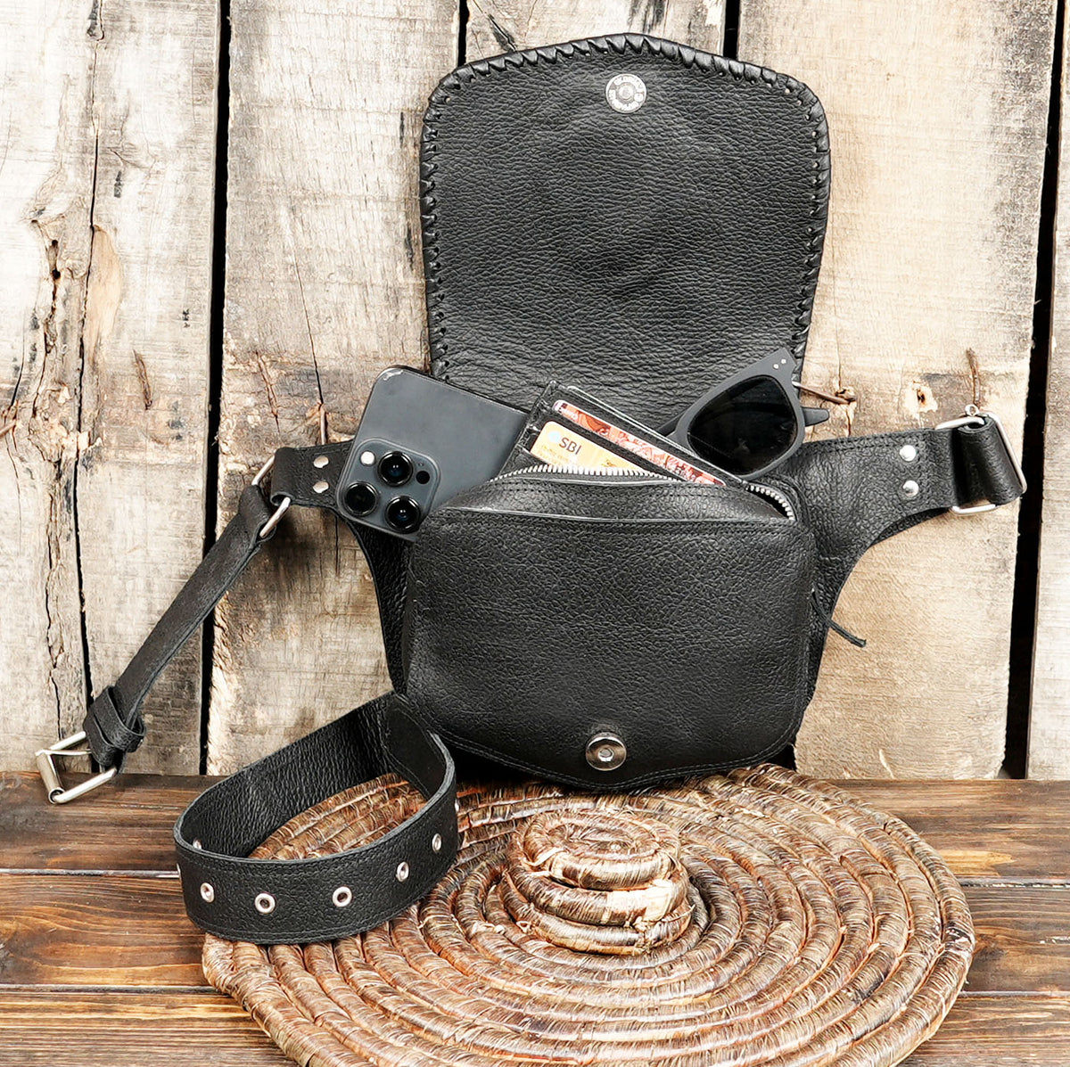 Handcrafted leather festival bag with teardrop stone detail