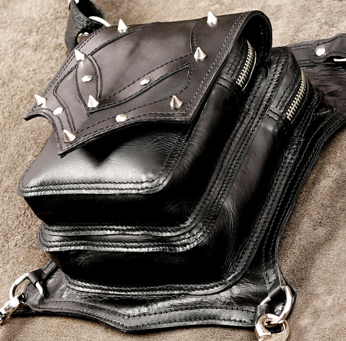 Handcrafted leather holster bag, full flat lay display