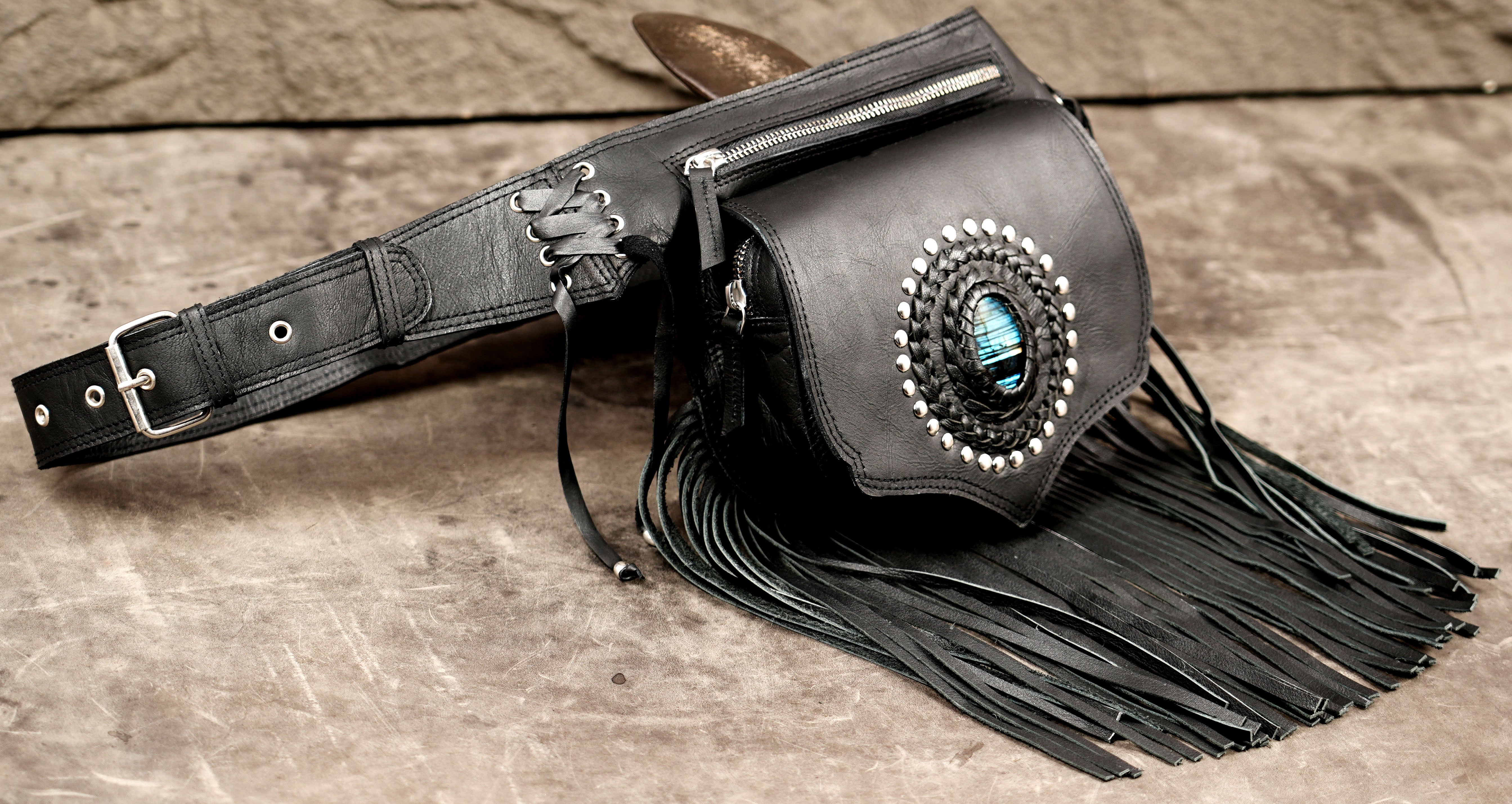 Handcrafted leather pouch with labradorite stone and fringe trim