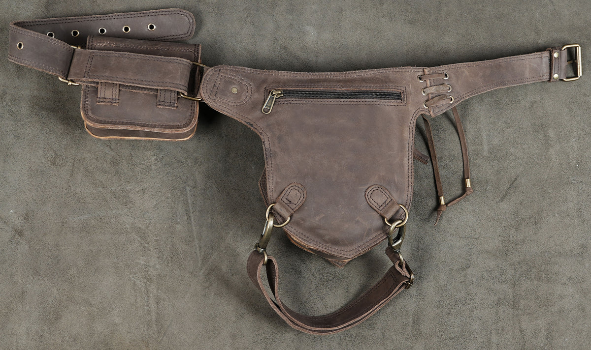 Handcrafted leather waist bag with detachable side pocket