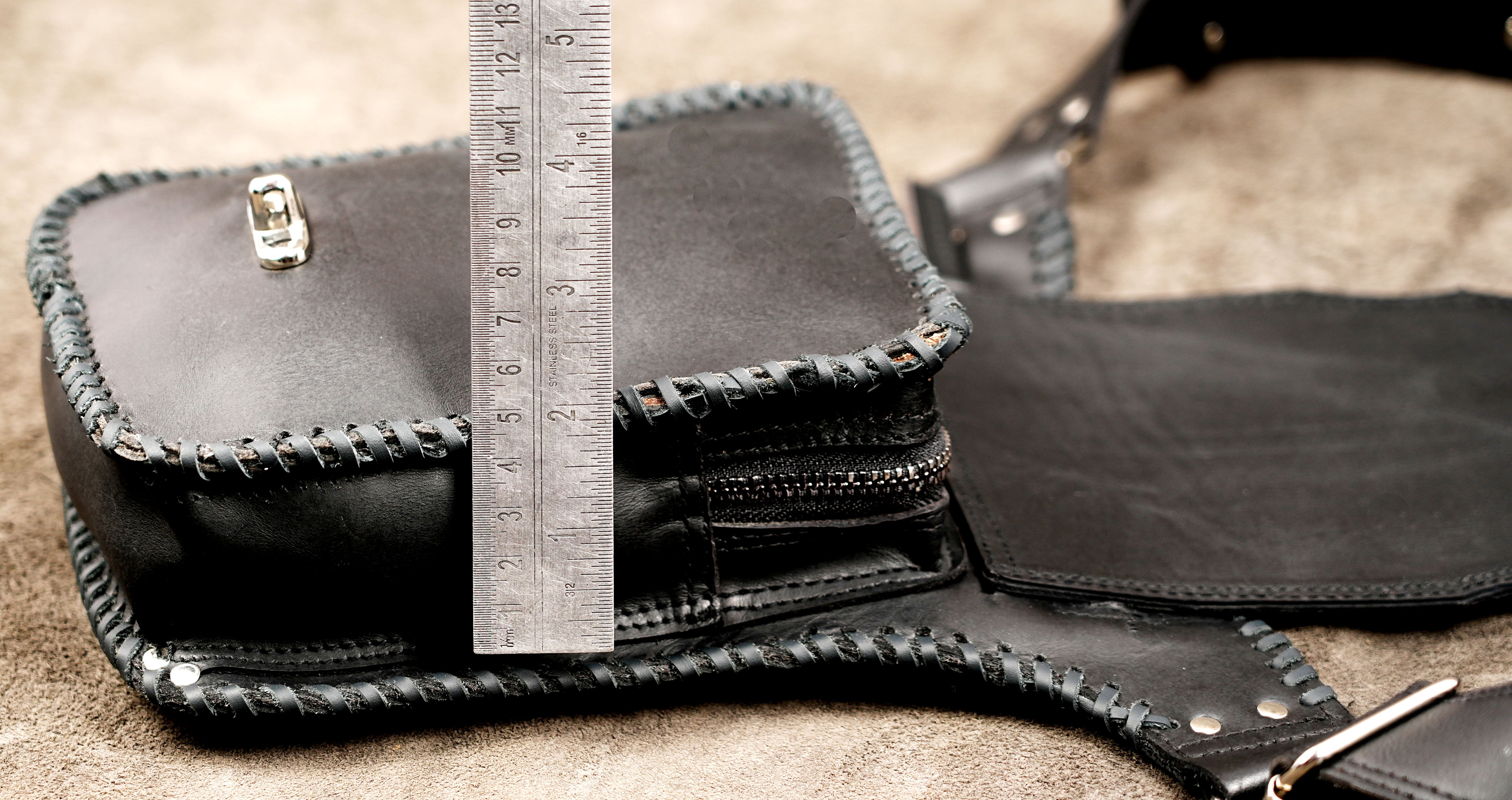 Handcrafted leather waist bag with hidden side zip pocket