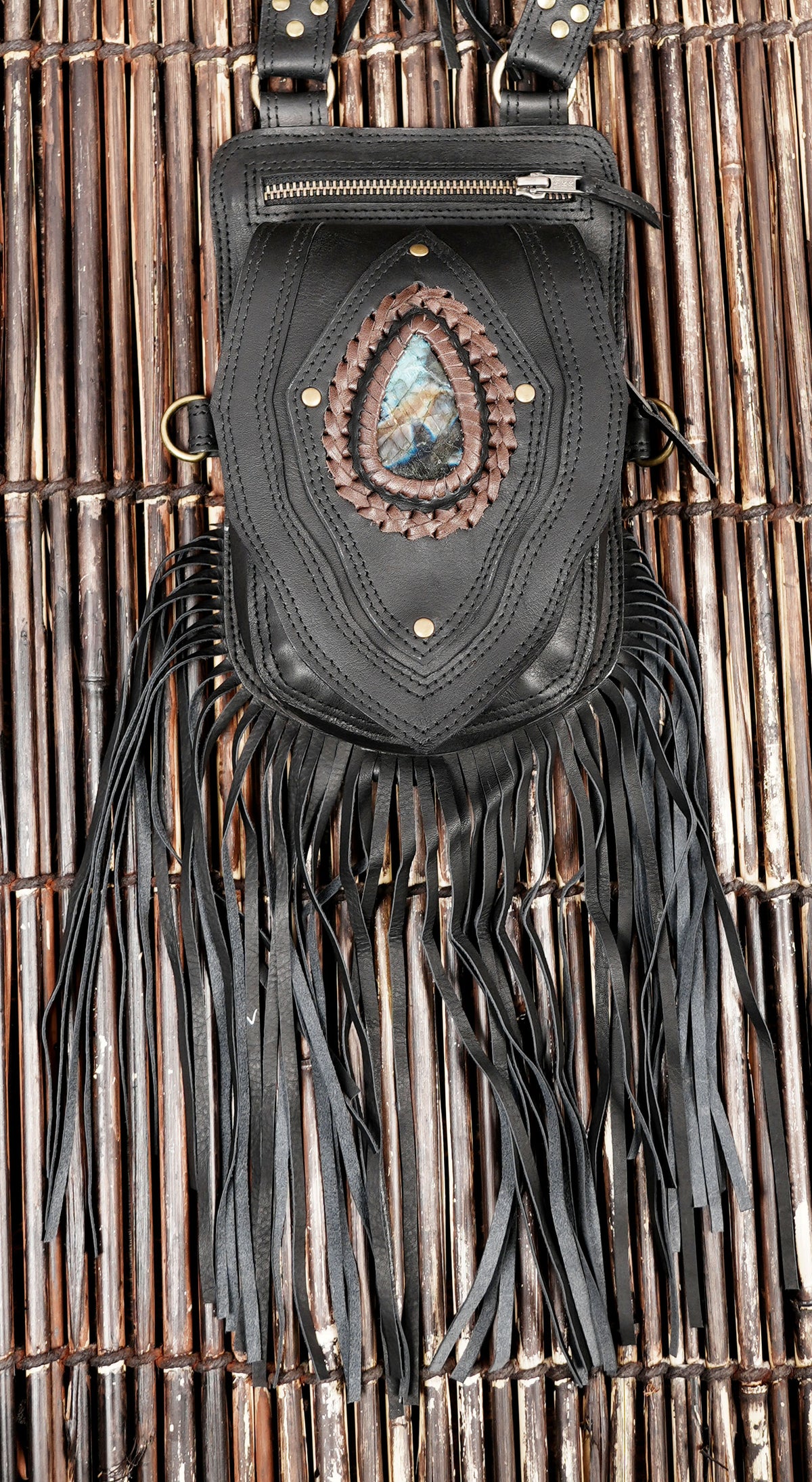 Black Leather Holster Vest Fringe Harness Bag Dual Utility Pouches Festival Body Suspender Natural Labradorite Stones