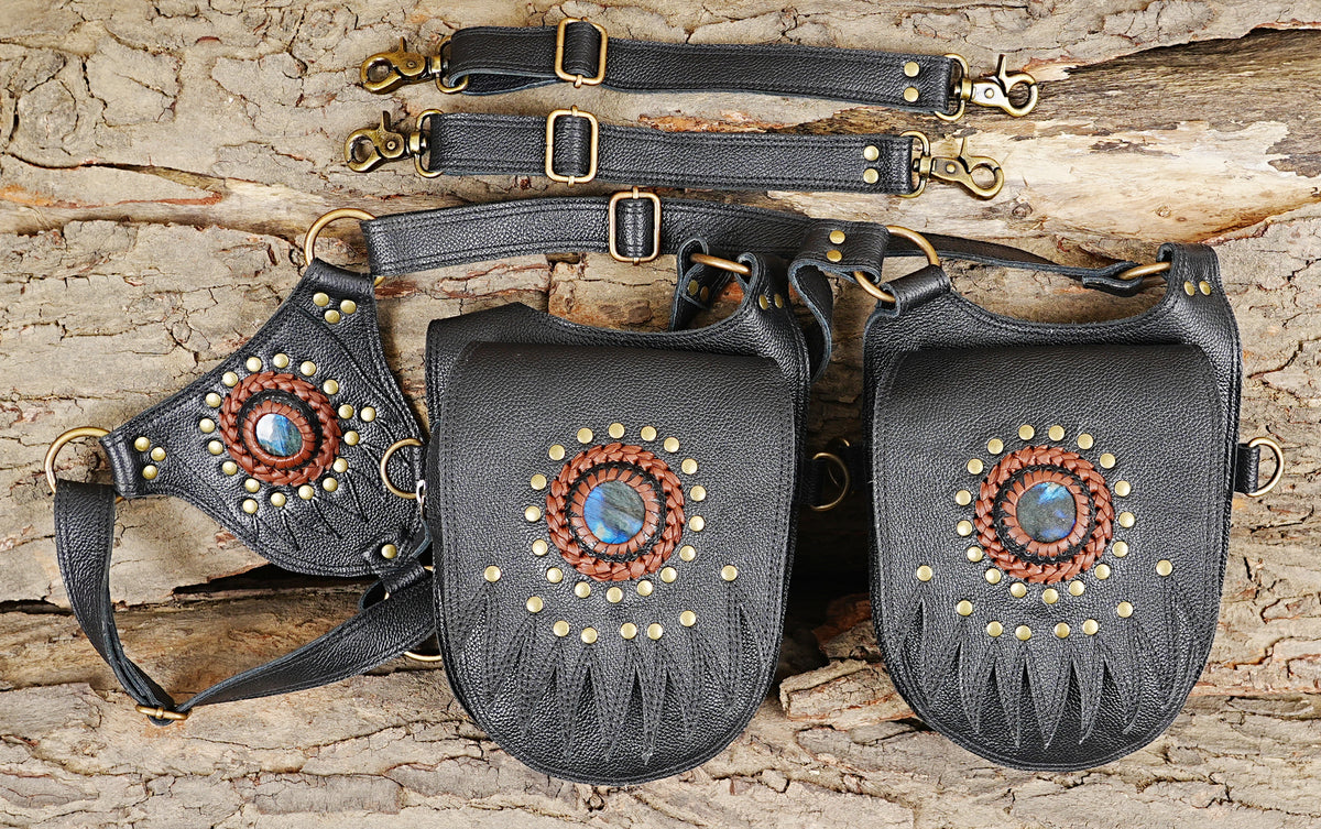 Black leather festival chest bag with Natural Labradorite and multiple utility pockets