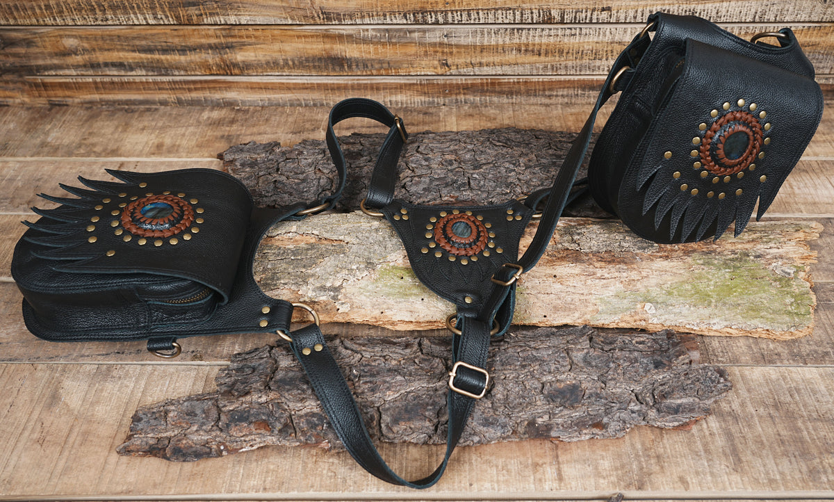 Black leather festival chest bag with Natural Labradorite and multiple utility pockets