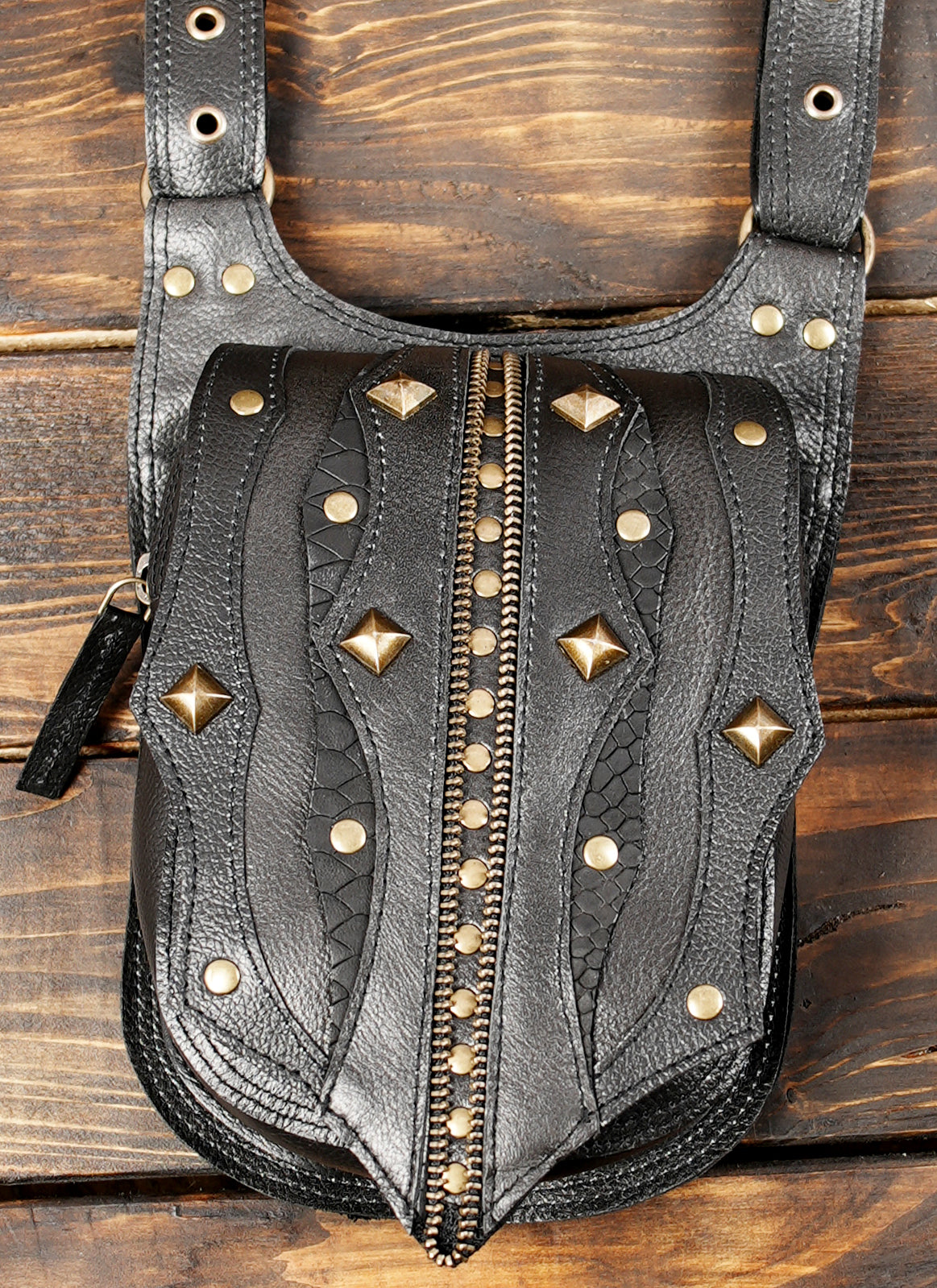 Unisex Black Leather Double Hip Pouch Harness with Studs
