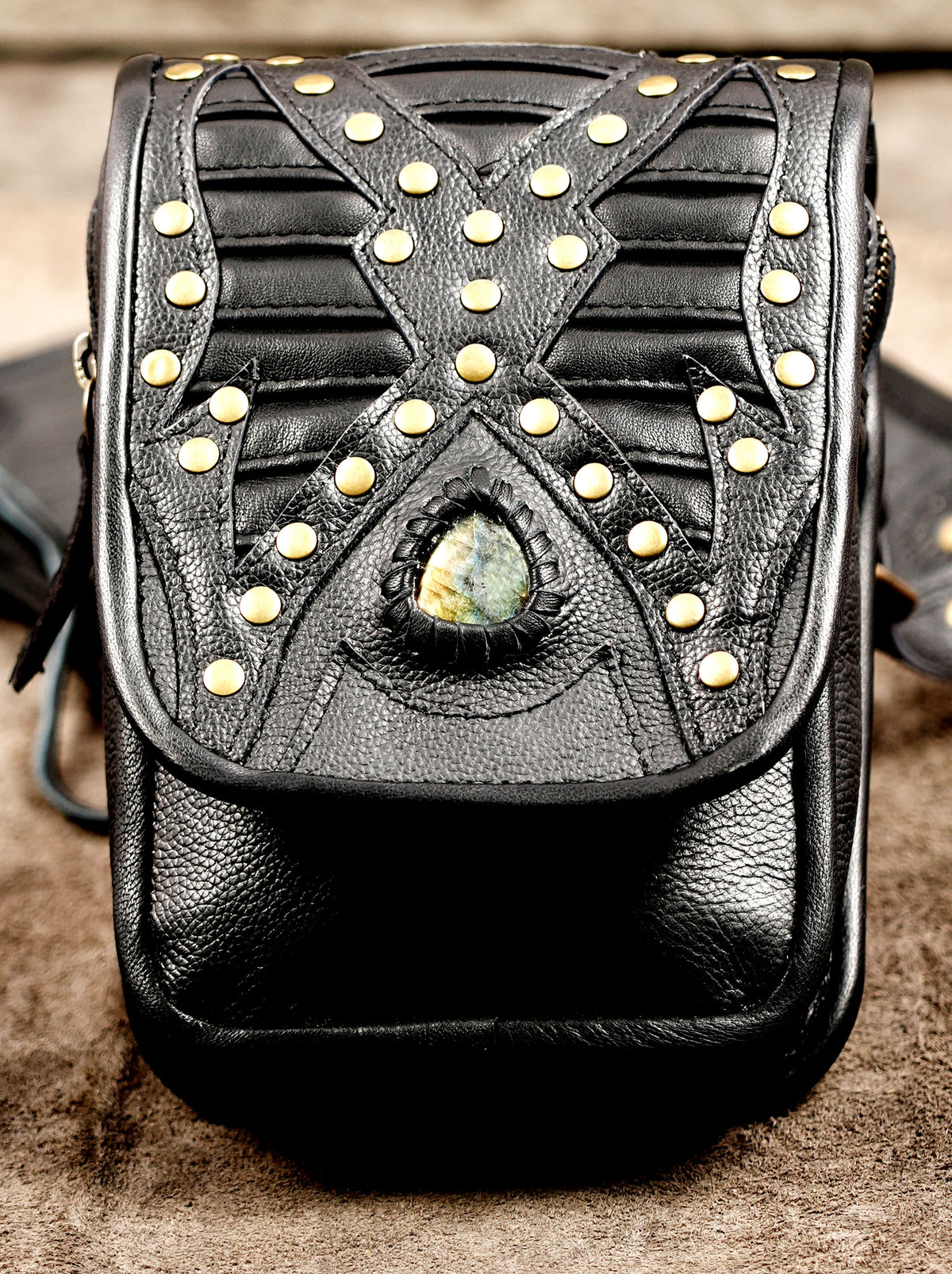 Handcrafted black leather double pouch bag with antique brass buckles
 