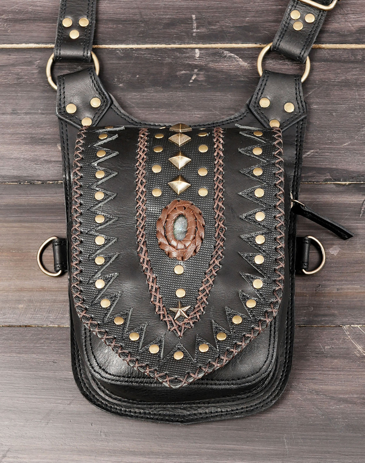 Black leather double holster bags for cosplay steampunk and festival wear
 