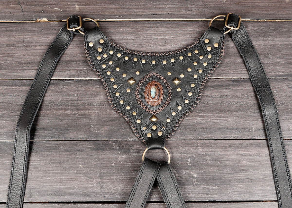 Black leather double holster set for rave outfits and alternative fashion
 