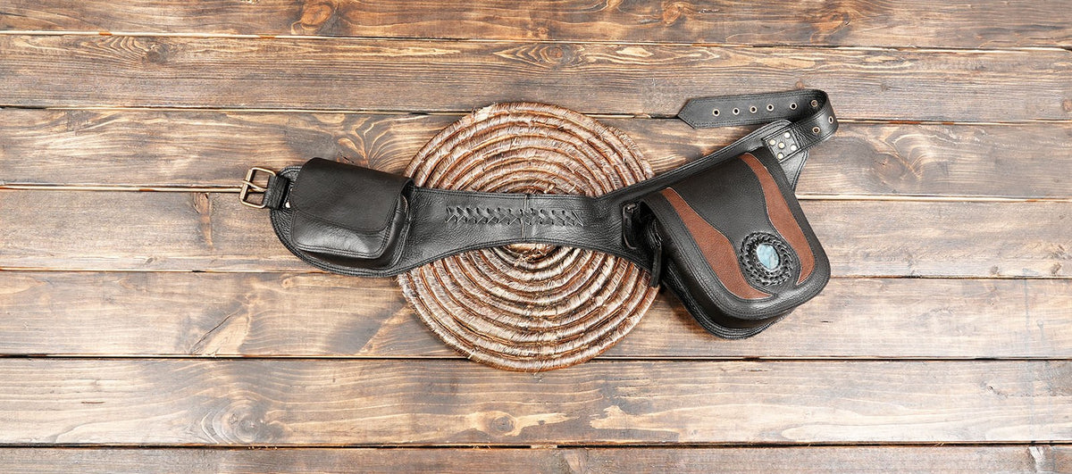 Boho leather travel waist bag with stone inlay and braided leather accents