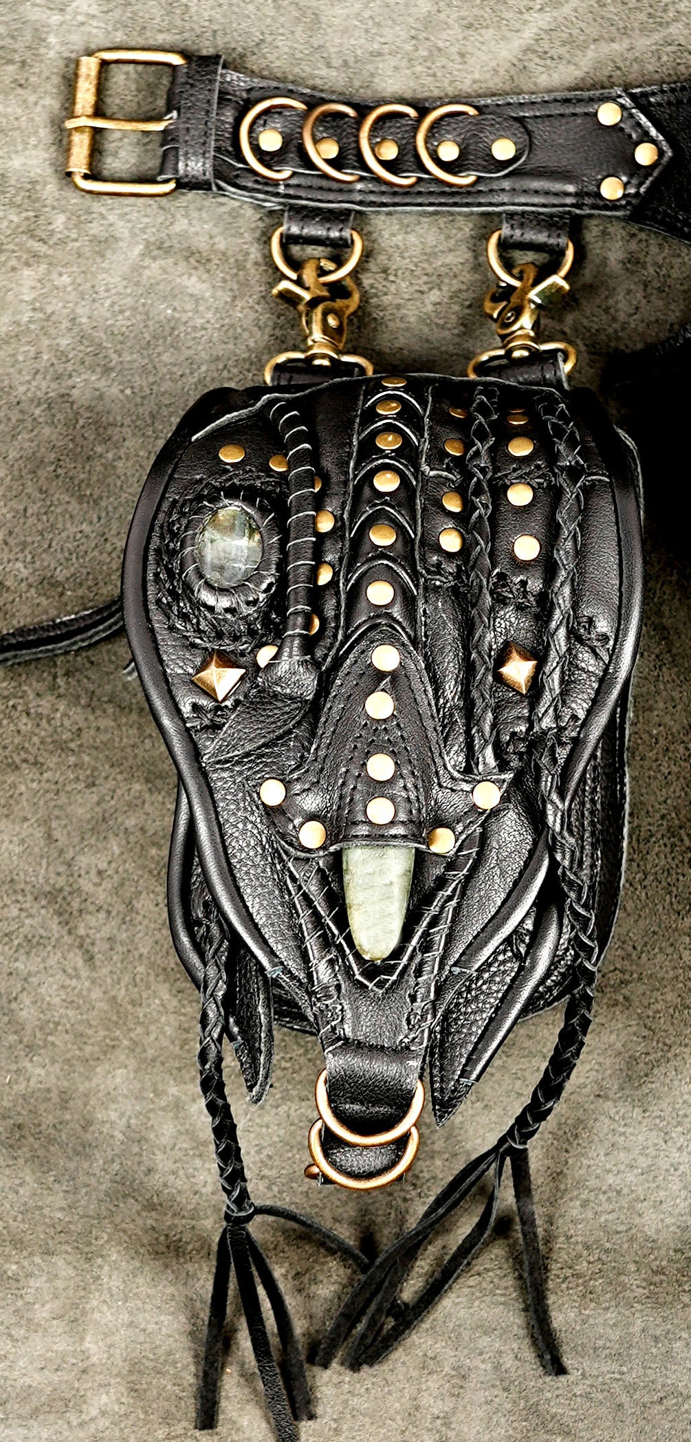 Handmade black leather utility waist belt with gemstone pocket details