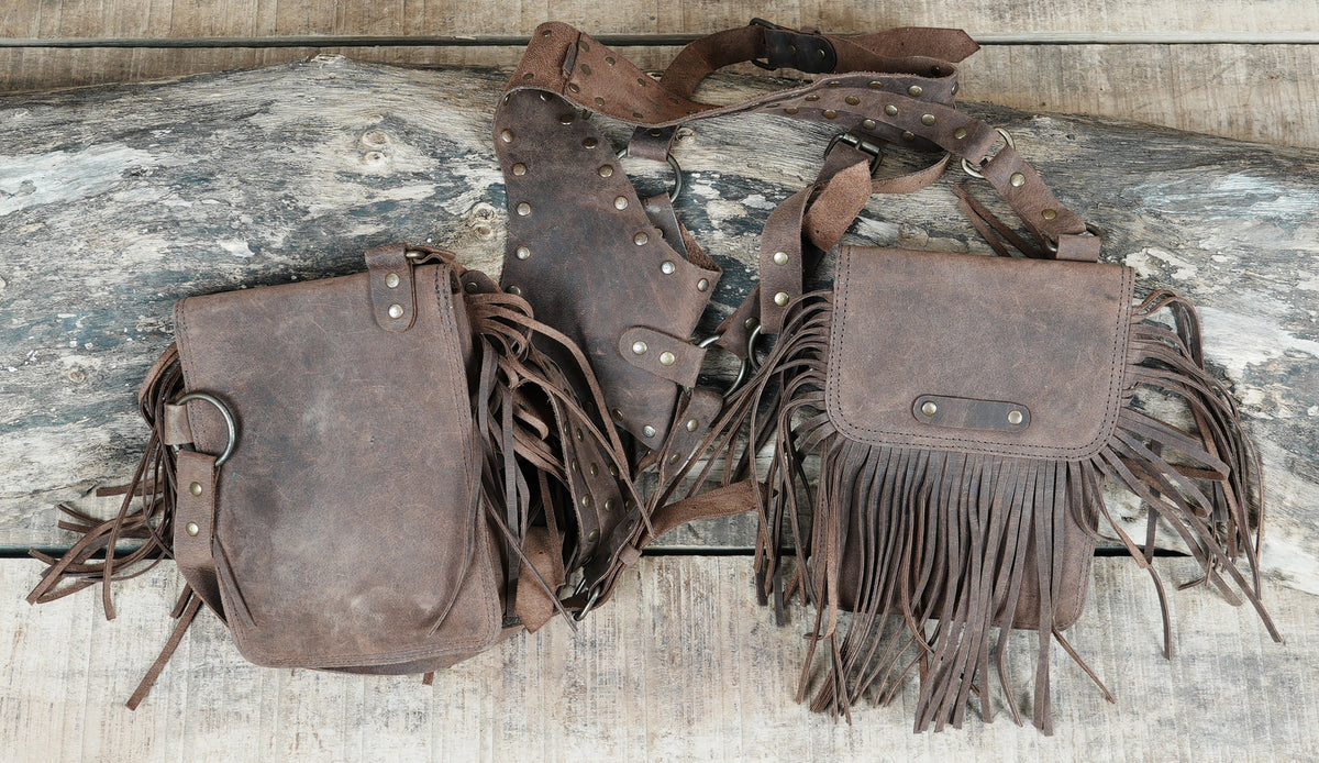 Brown Leather Chest Harness Bag with Fringe Pockets and Studded Yoke