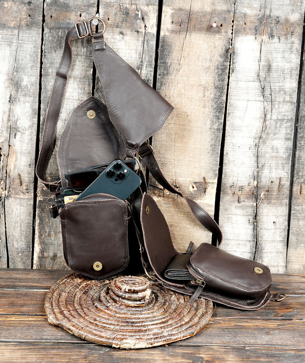 Leather double holster bag for Burning Man steampunk and rave fashion