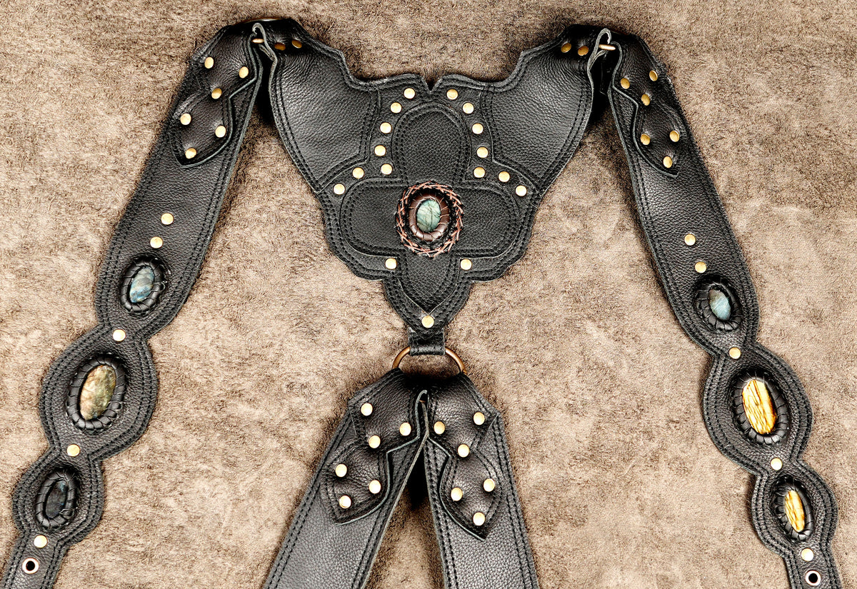 Steampunk black leather harness bag with brass studs and decorative gemstones