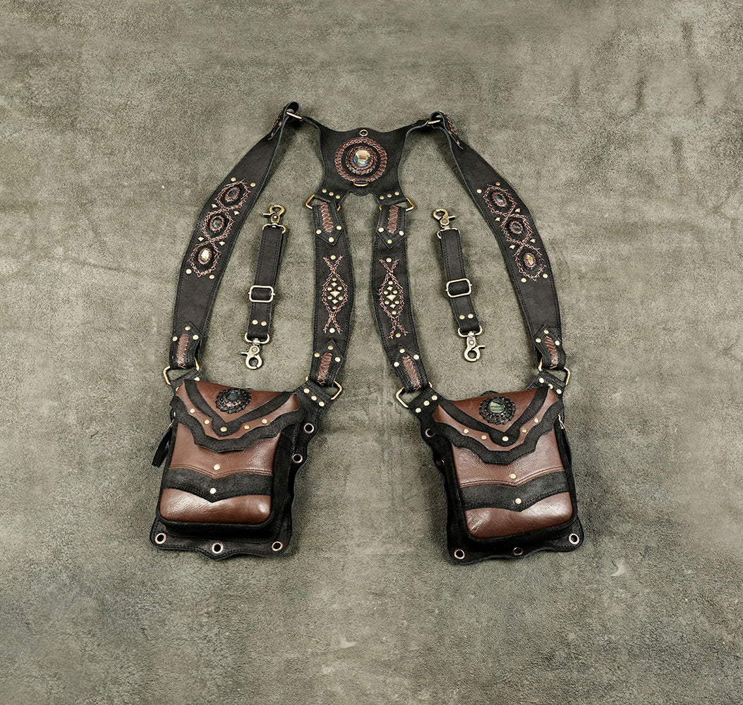 Unisex steampunk leather shoulder bag with gemstone details and multi-pocket storage