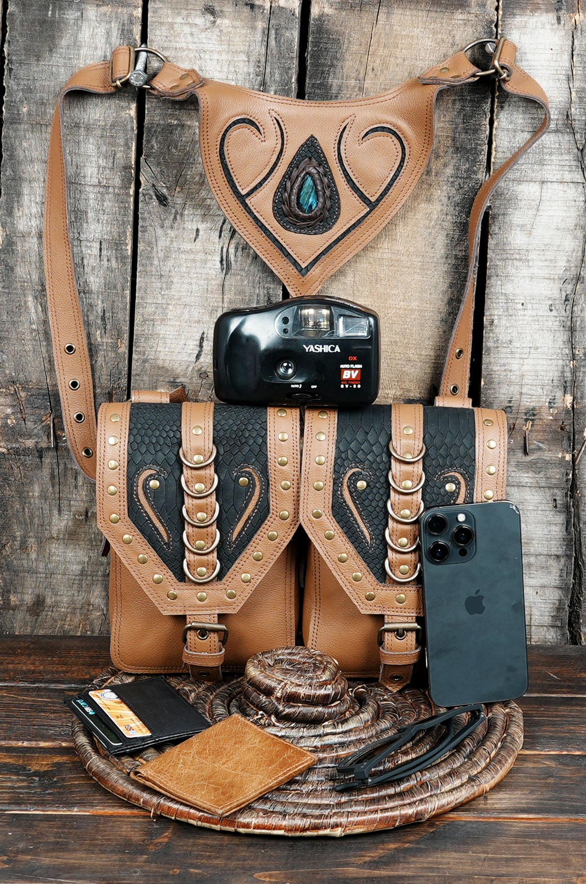 Handcrafted leather double bag harness with heart shaped top panel